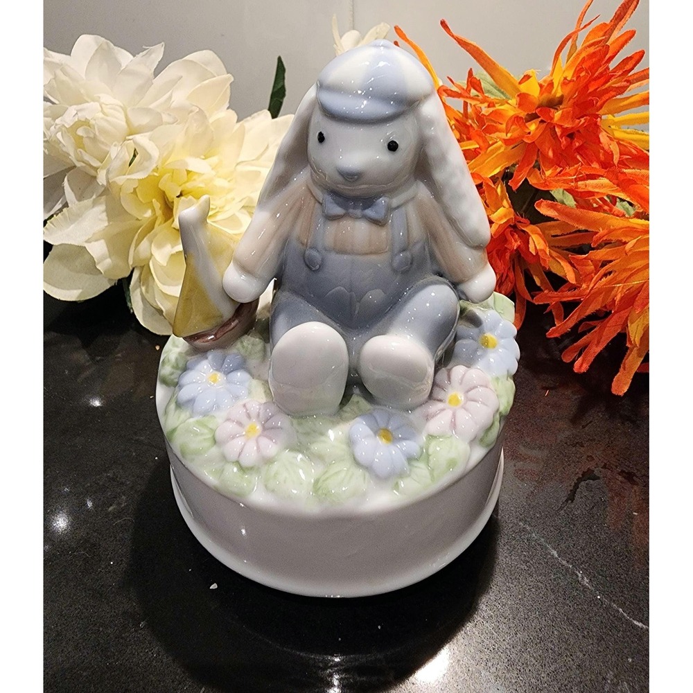 Vintage Otogiri Bunny Music Box Figurine Hand Painted Japan Easter Nursery Decor